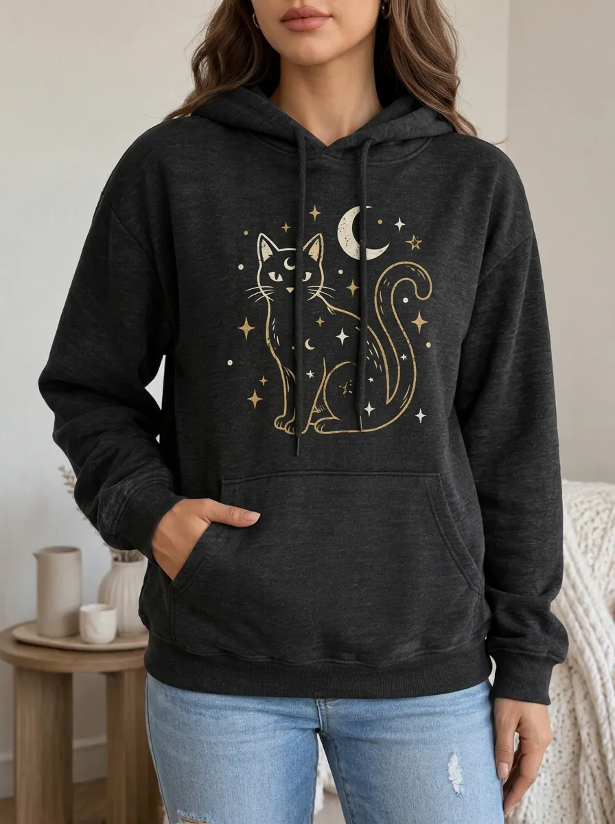 Women's Halloween Celestial Cat Moon Stars Printed Hoodie