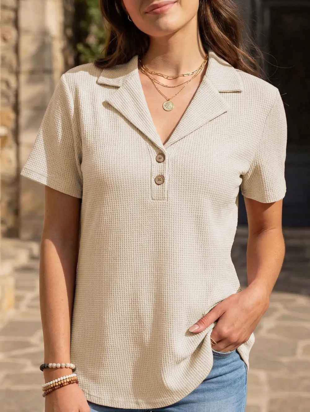 Lapel Waffle Knit Short Sleeve Top