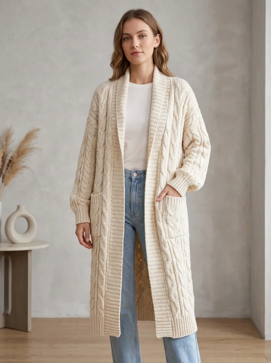 Women's Casual Daily Wear Cream Cable Knit Long Cardigan