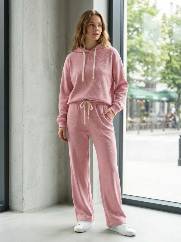 Women's Mountain Hiking Lover Waffle Knit Printed Hoodie Jogger Set