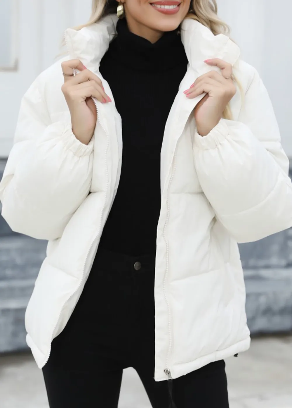 White Pocket Long Sleeve Stand Collar Coat
