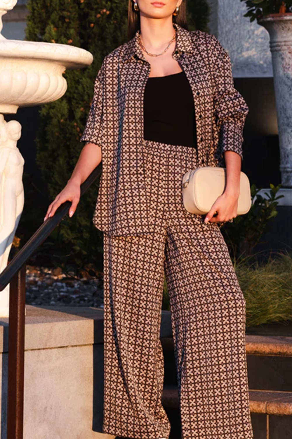 Black Geo Print Satin Oversized Shirt