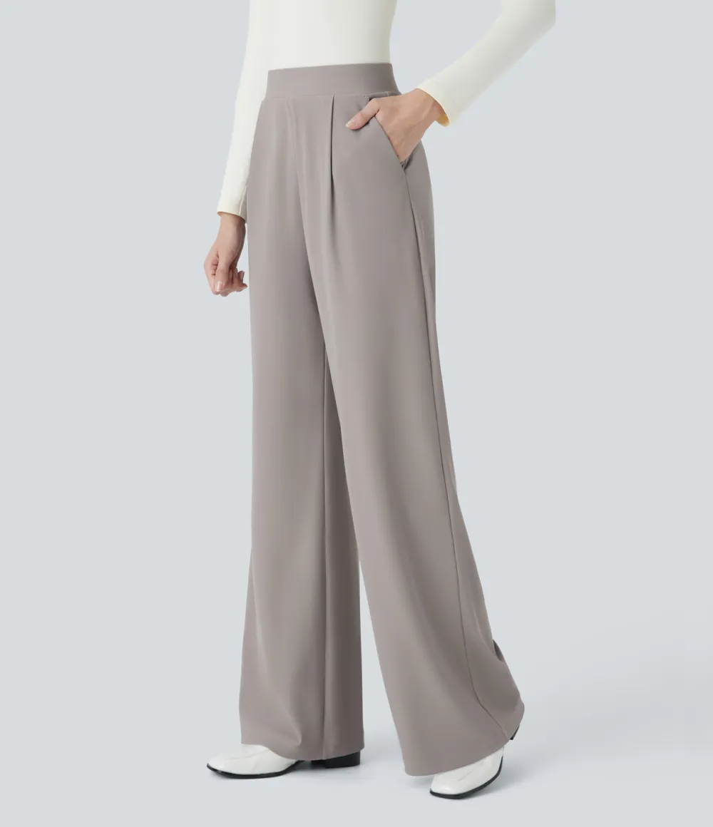  High Waisted Body Sculpt Waist-Slimming Side Pocket Wide Leg Micro Waffle Work Pants
