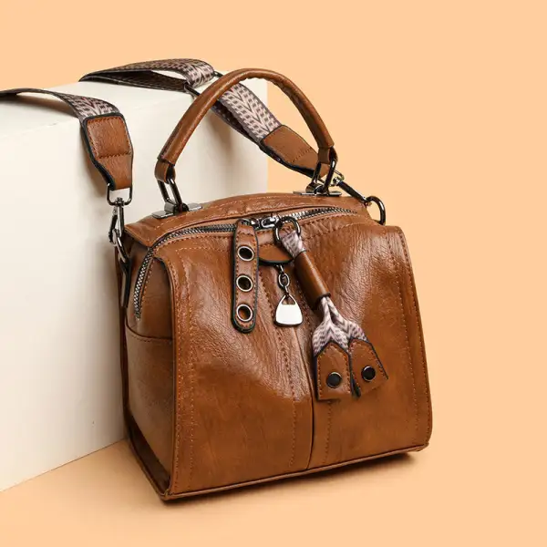 Vintage Boston Bag Leather Shoulder Tote Large Capacity