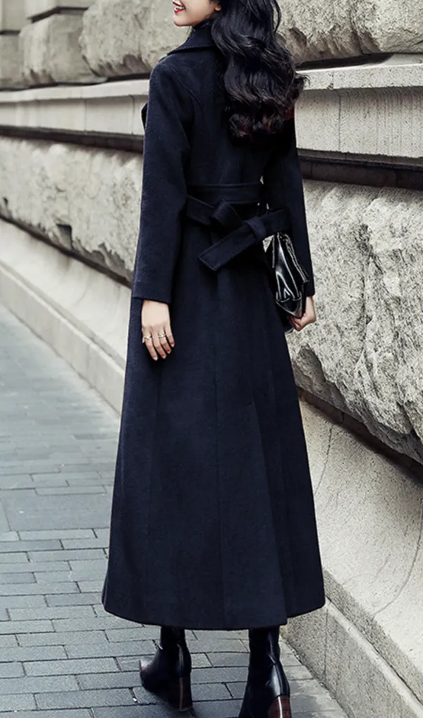 Wool Tailored Double Breasted Belted Lapel Collar Long Coat