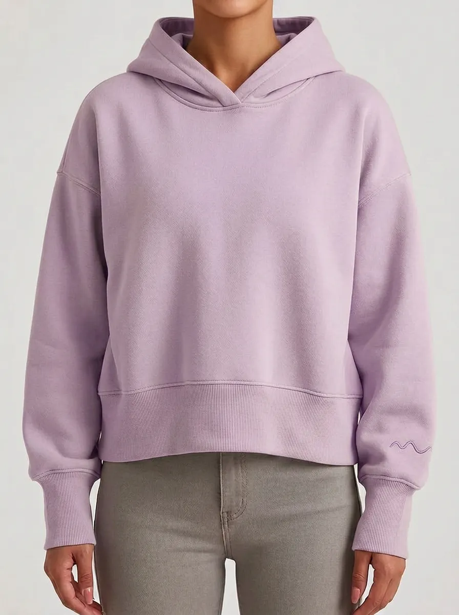 Women's Minimalist Beige Solid Color Wave Embroidered Hoodie