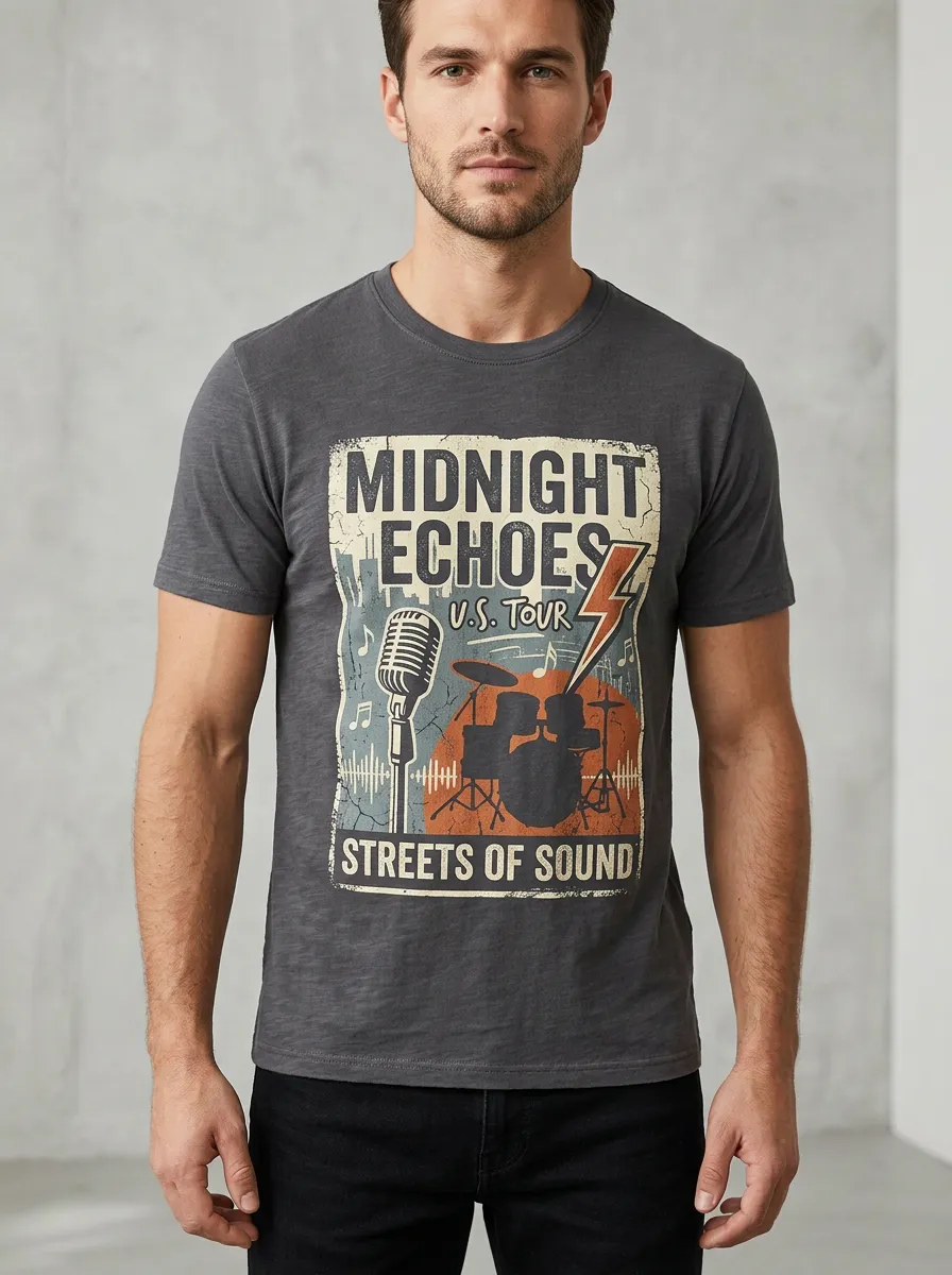 Men's Rock Band Music Lover Microphone Drum Printed T-shirt