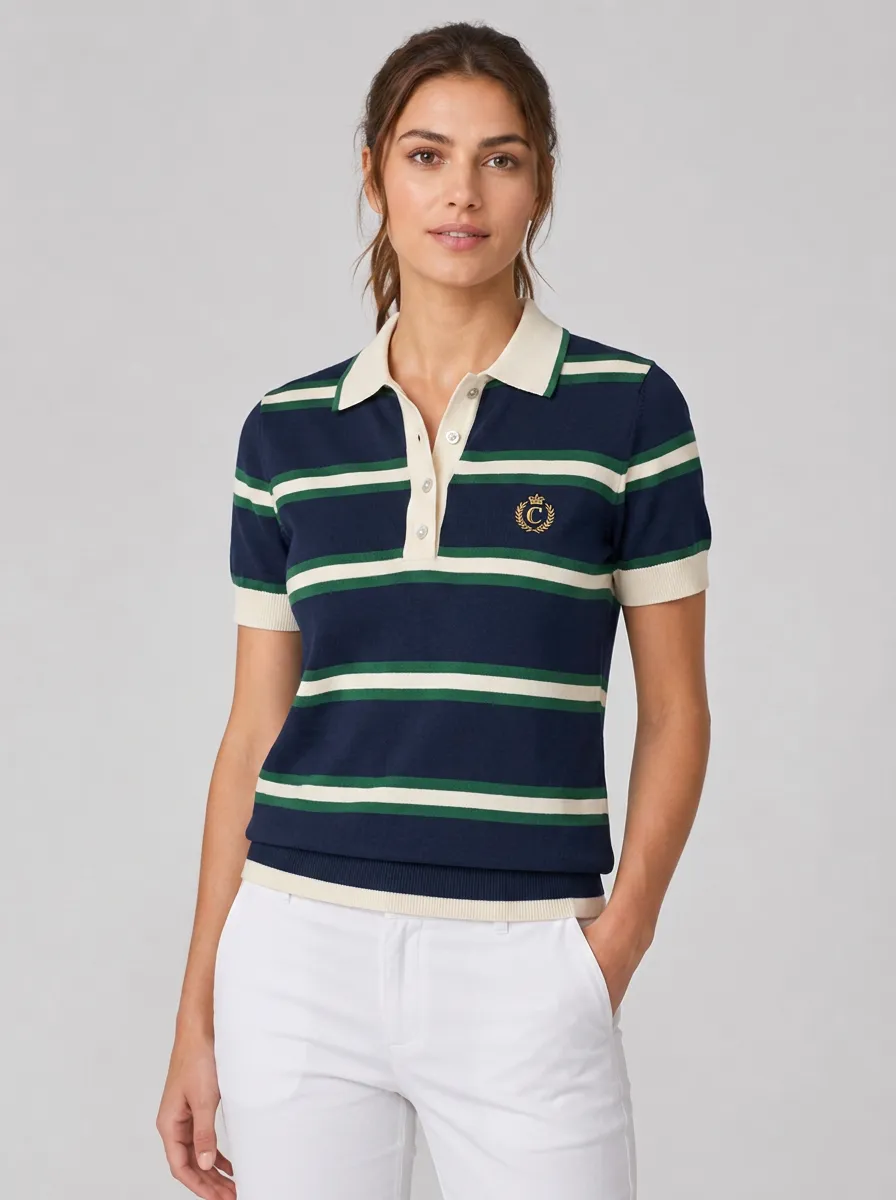 Women's Equestrian Lover Striped Crest Embroidered and Striped Knit Polo Shirt