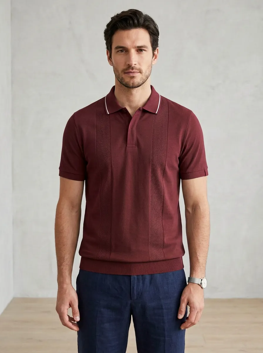 Men's Casual Business Herringbone Textured Knitted Polo Shirt