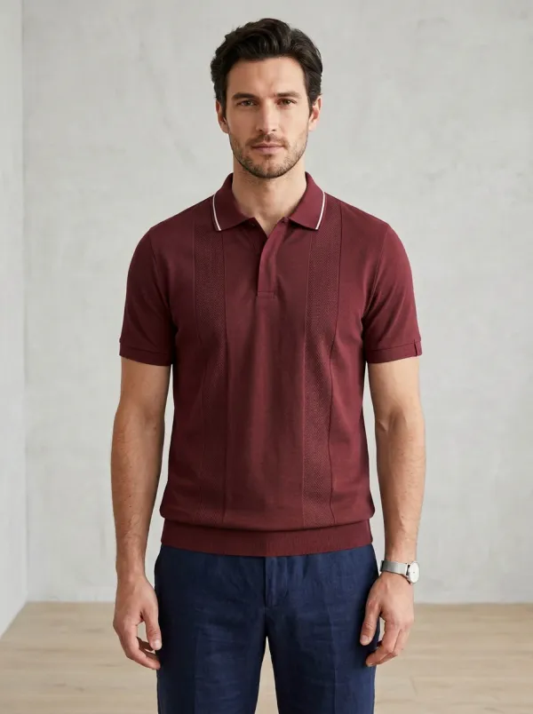 Men's Casual Business Herringbone Textured Knitted Polo Shirt
