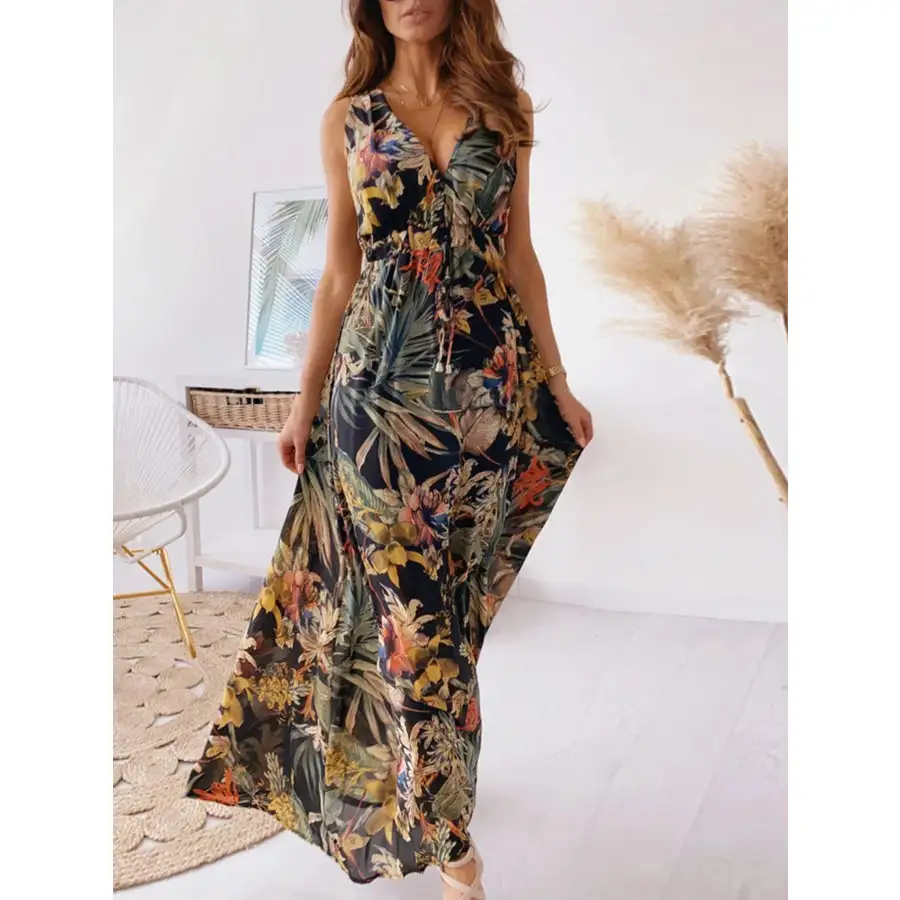 Leaf Print Sleeveless Maxi Dress