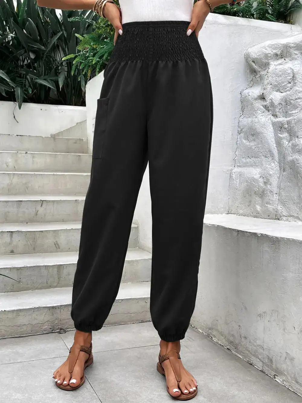 Jogger High Waist Smocked Waist Pocketed Pants