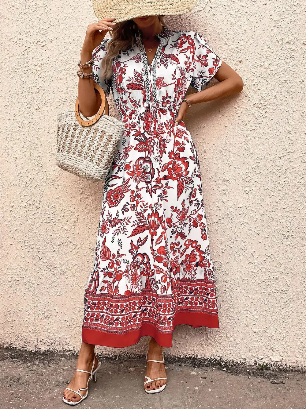 Floral Boho Short-Sleeve A-Line Maxi Dress