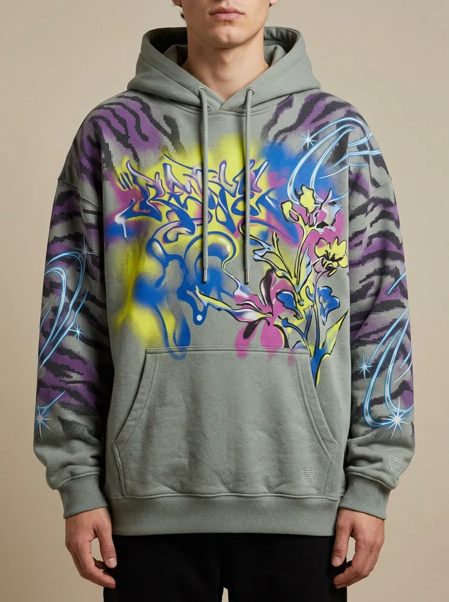 Unisex Streetwear Graffiti Tiger Stripe Floral Statement Graphic Hoodie