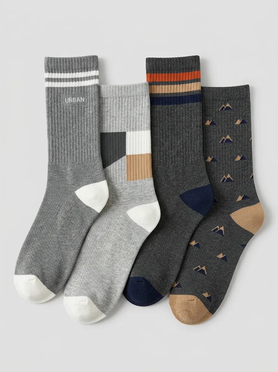 Men's Crew Socks Four-Pair Pack with Mountain Motif Striped Geometric Ribbed Texture