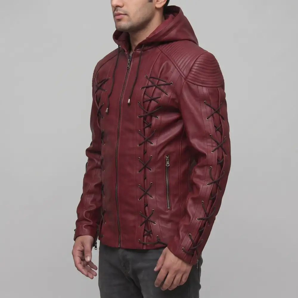 Refined Leather Biker Hooded Multi Pocket Jacket