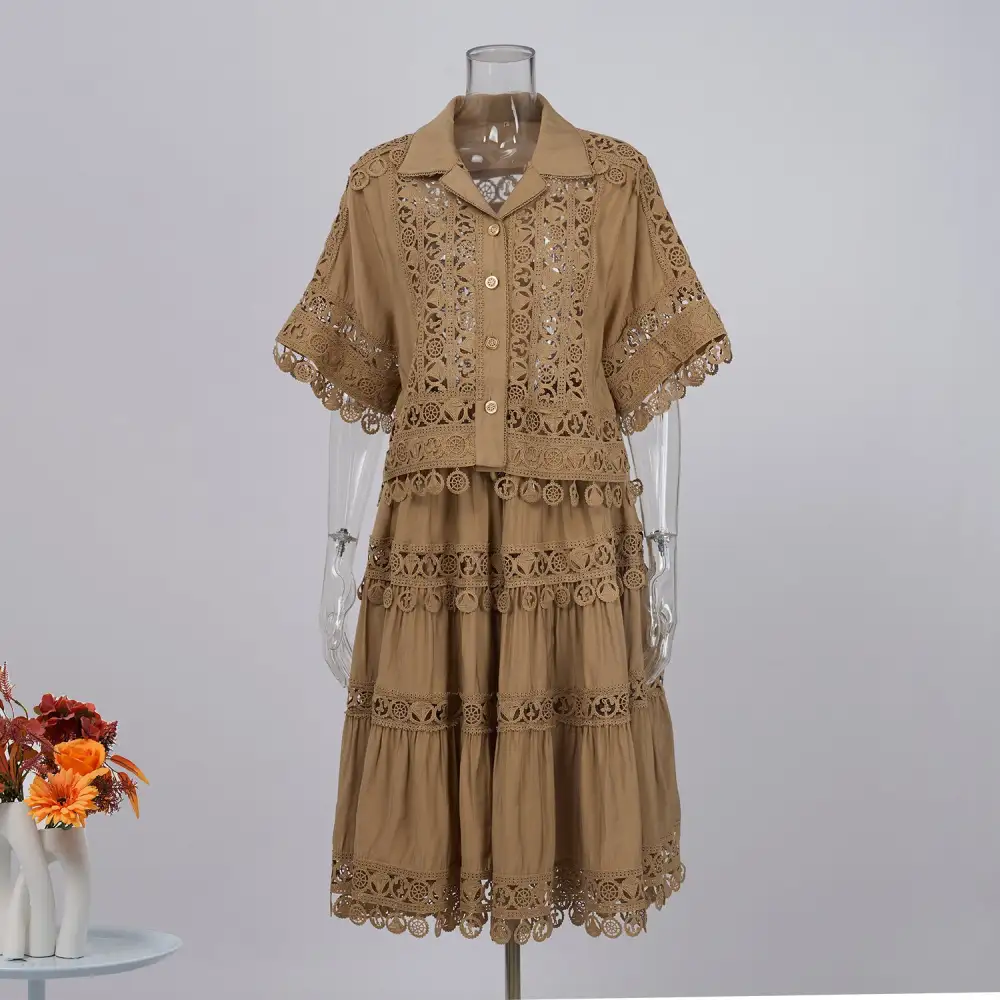 Comfort French Court Lace Hollow Out Crochet Short Top High Waist Lace Trim Matching Set