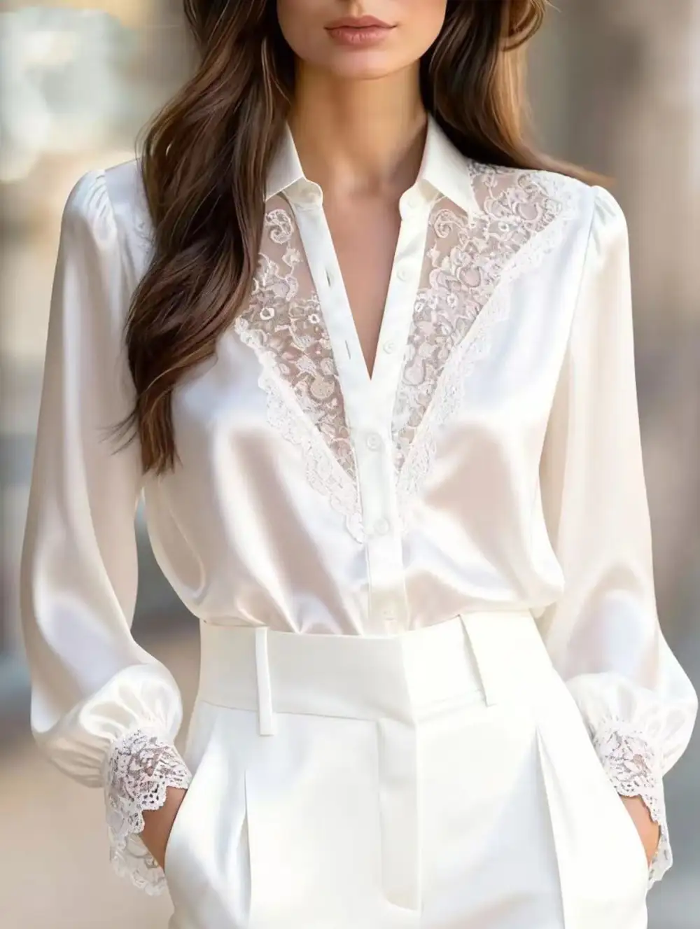 Simple Lace Detail V Neck Blouse