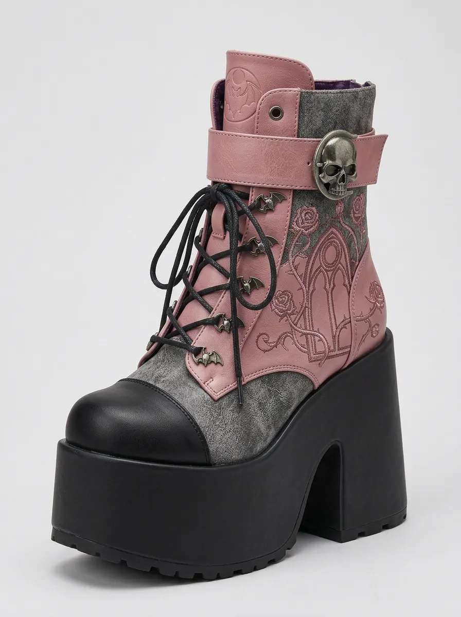 Ritual-Inspired Skull Bat Rose Style Women's Gothic Platform Boots