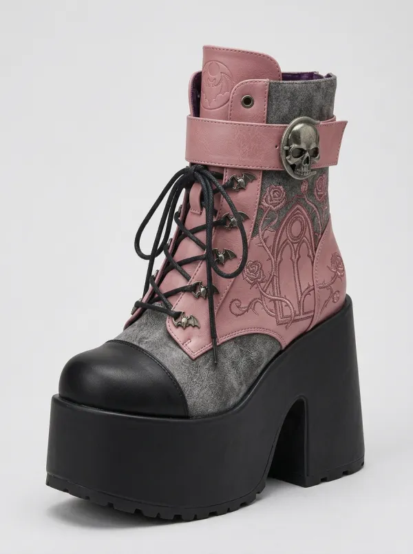 Ritual-Inspired Skull Bat Rose Style Women's Gothic Platform Boots