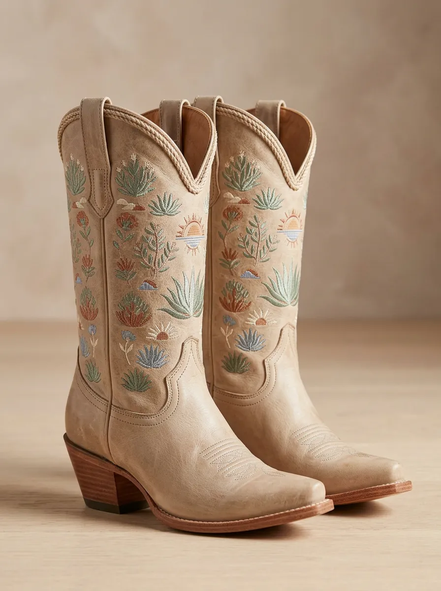 Canyon Cactus Desert Sun Motif Unisex Western Cowboy Boots