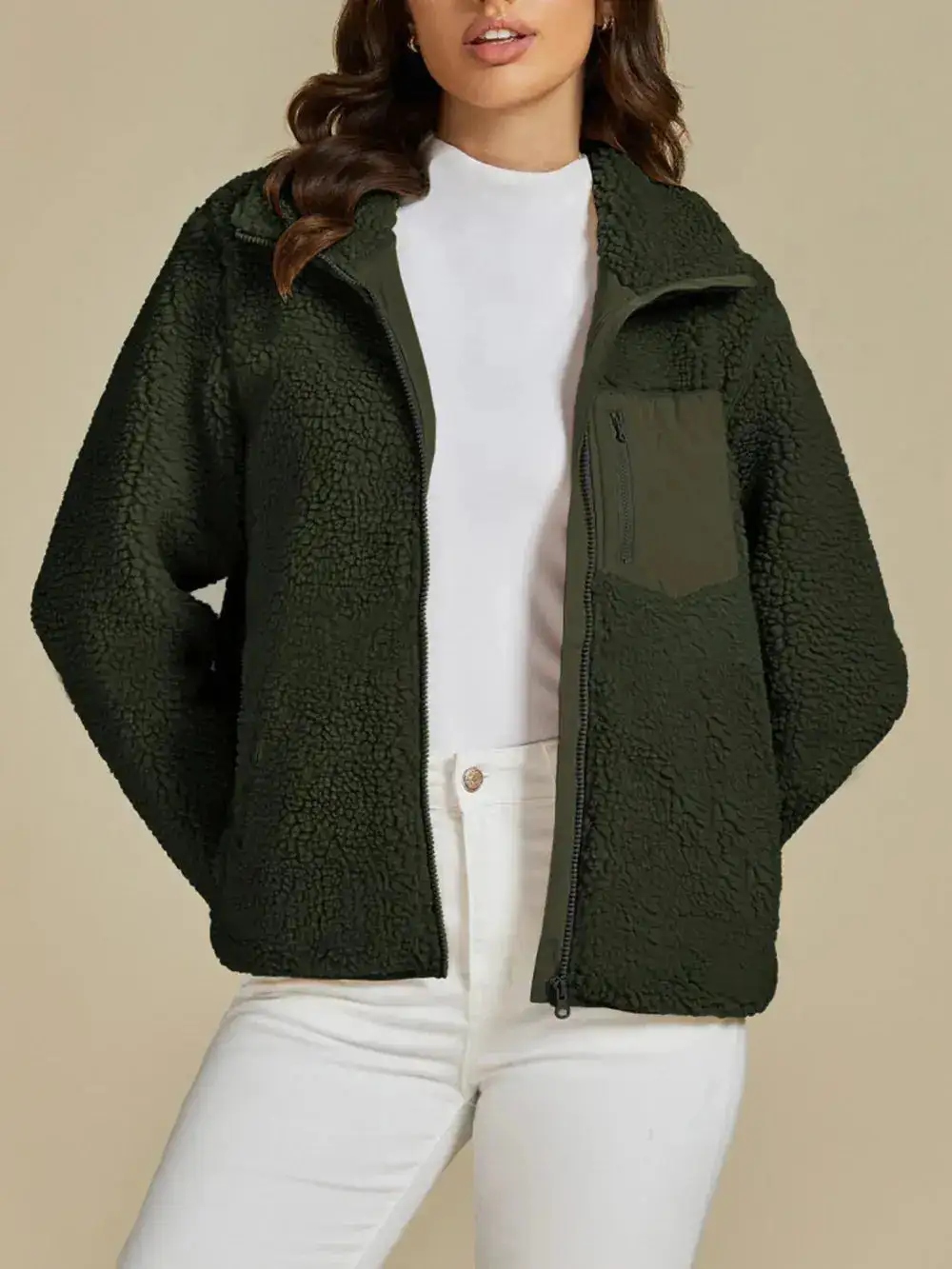 Plush Zip Front Pocketed Casual Jacket