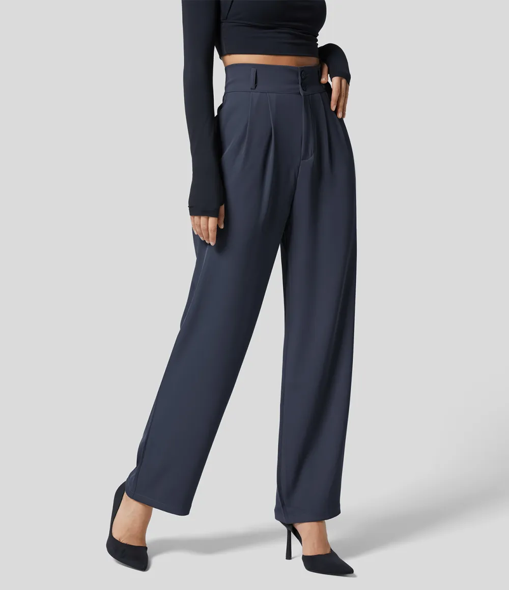High Waisted Button Zipper Plicated Side Pocket Shirred Straight Leg Work Pants