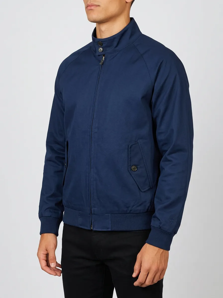 Men's Casual Navy Blue Stand Collar Zip-Up Bomber Jacket