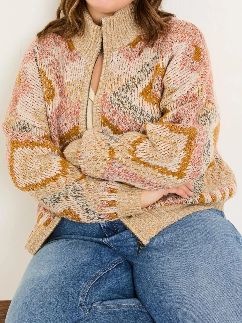 Natural Knitted Zip Through Cardigan