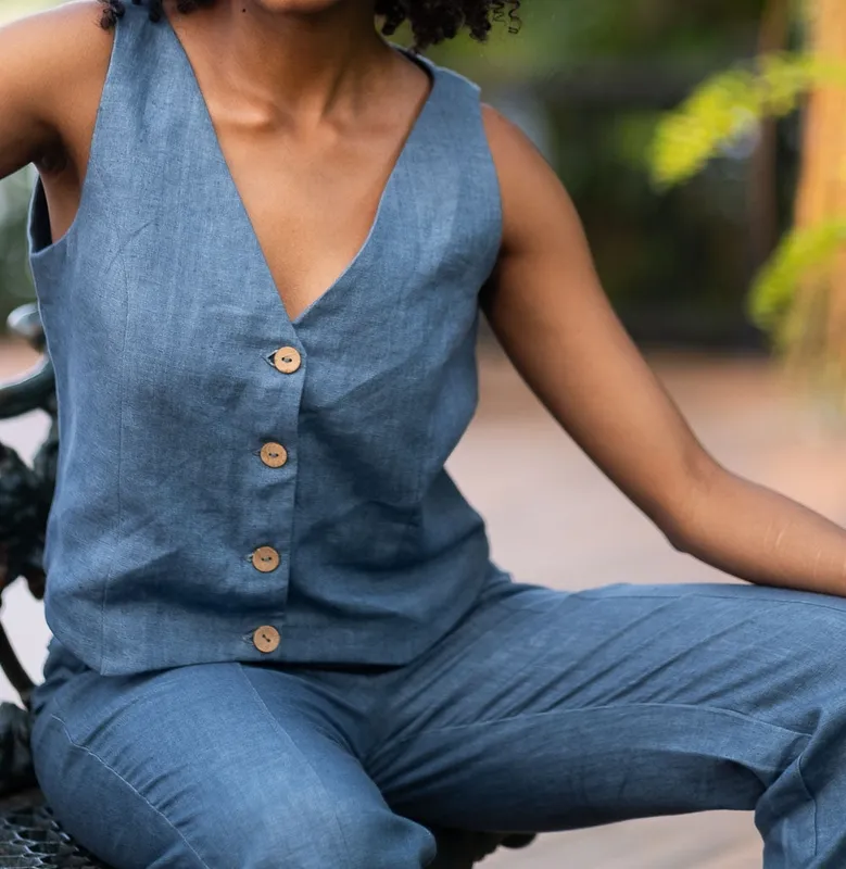 Denim Blue Heavy Linen Matching Set with Waistcoat & Panelled Pants