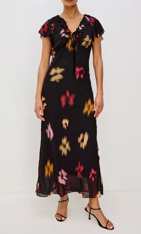 Black Blurred Floral Print Ruffle Dress