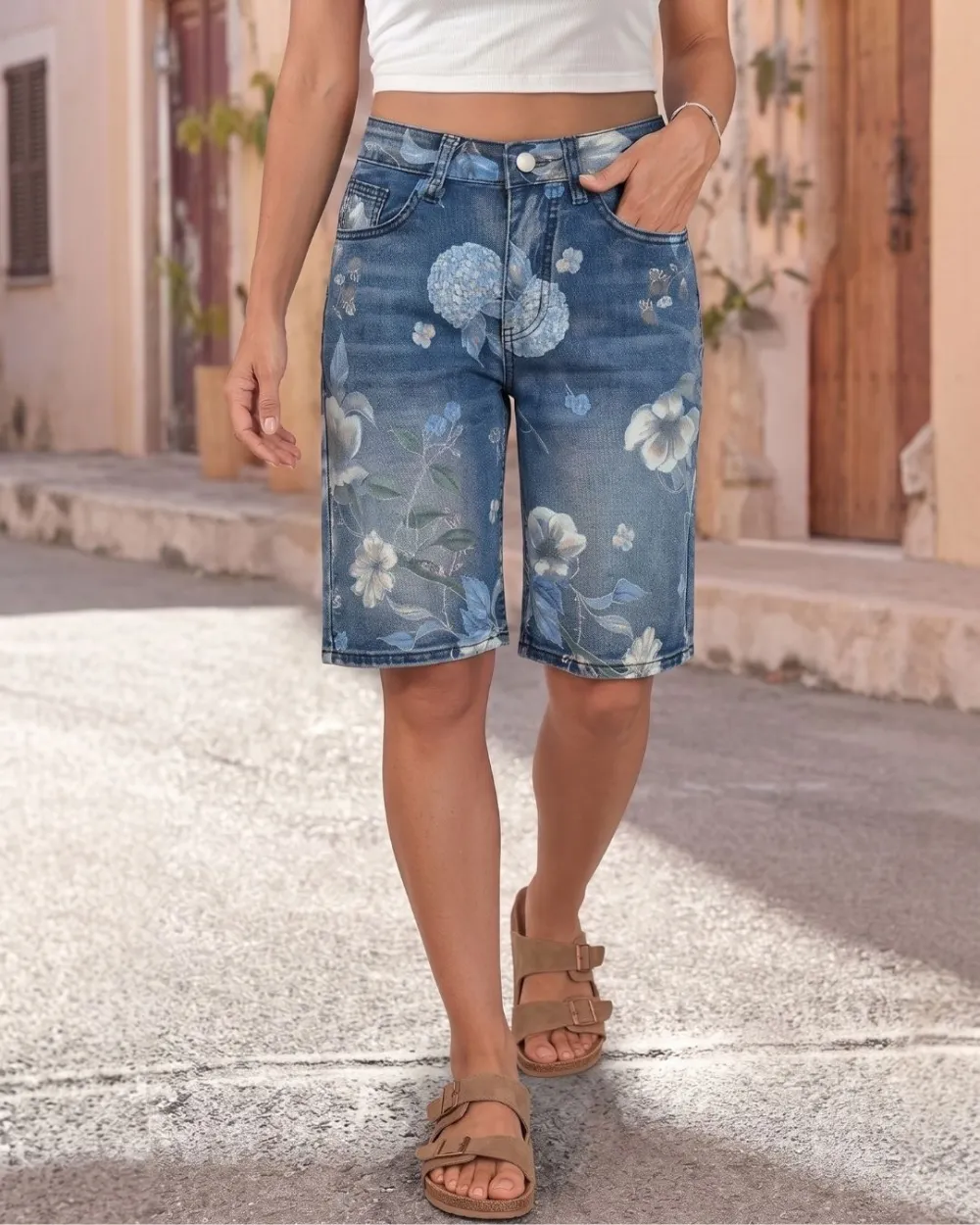 Floral High-Waist Denim Shorts
