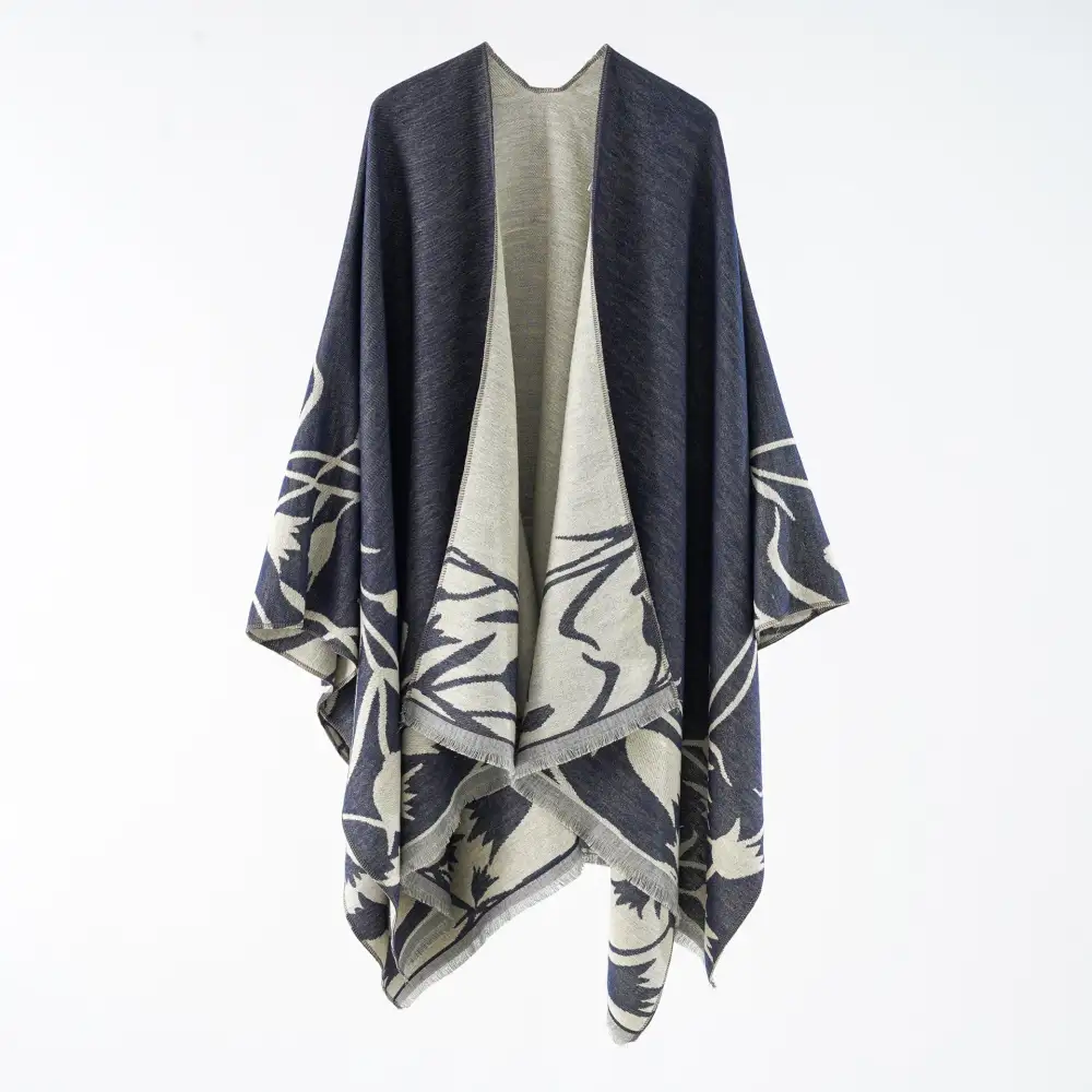 Reversible Jacquard Floral Ruana Wrap