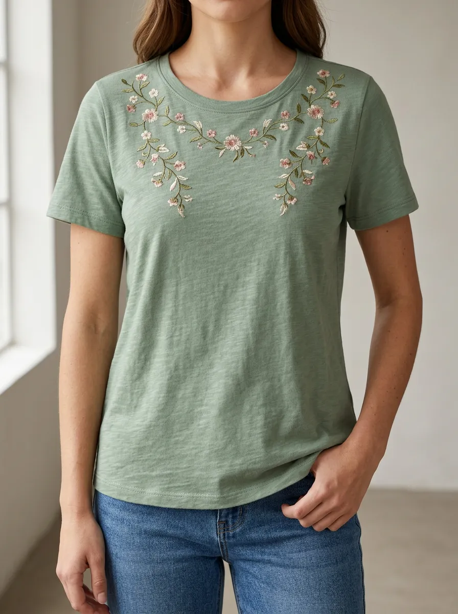 Casual Style Floral Print Embroidered Detail Women's Short Sleeve Everyday Top
