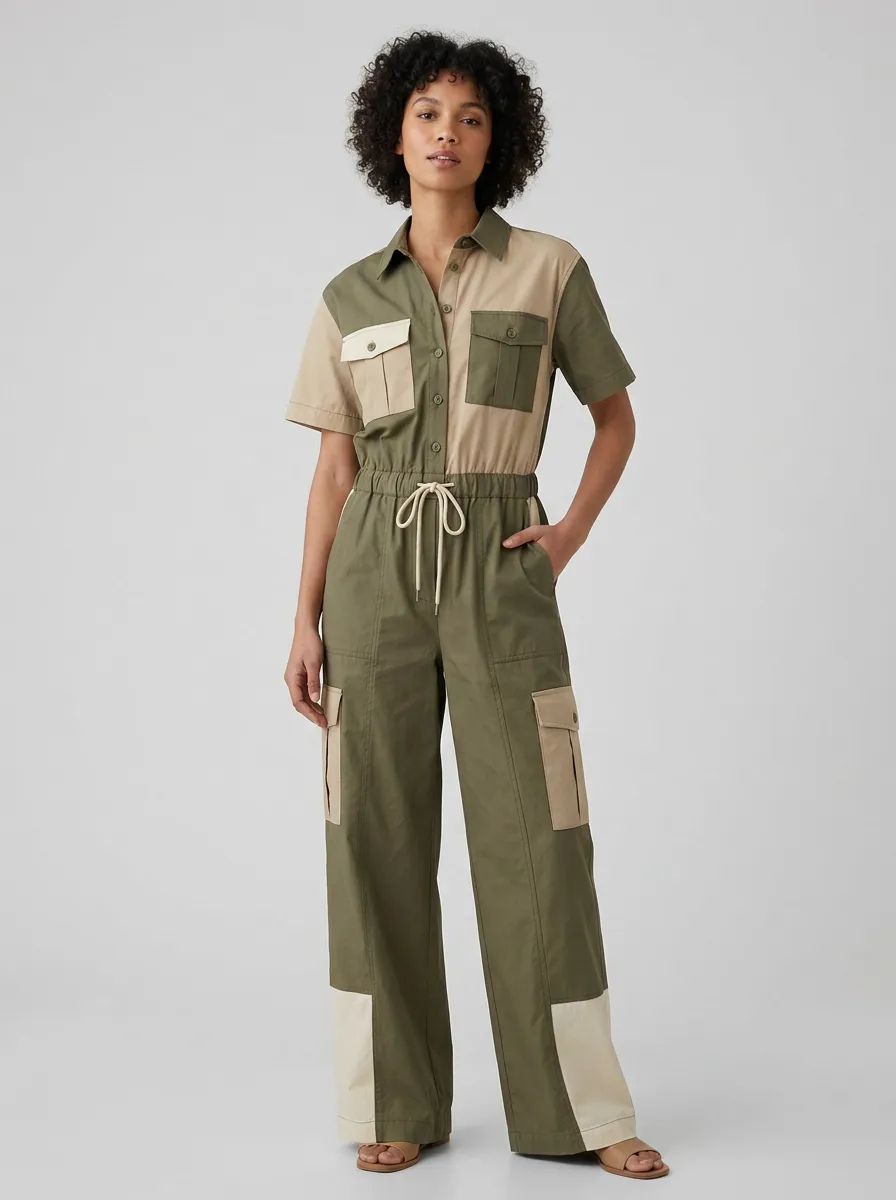 Women's Utility Style Colorblock Cargo Jumpsuit