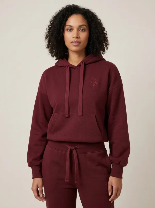 Women's Sage Green Minimalist Leaf Embroidered Hoodie & Jogger Set