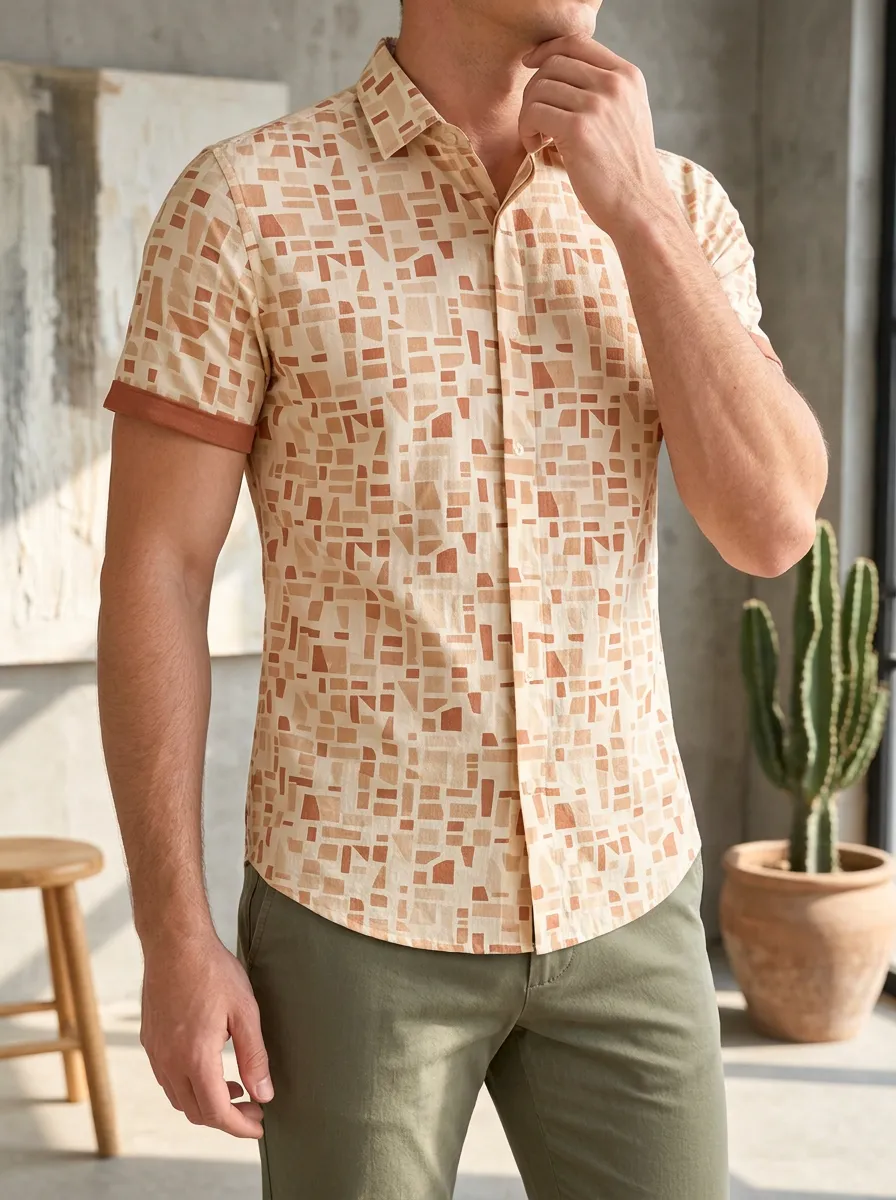 Men's Geometric Pattern Abstract Print Slim Fit Shirt