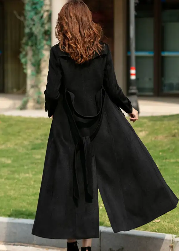 Wool Blend A Line Double Breasted Belted Pocketed Long Coat