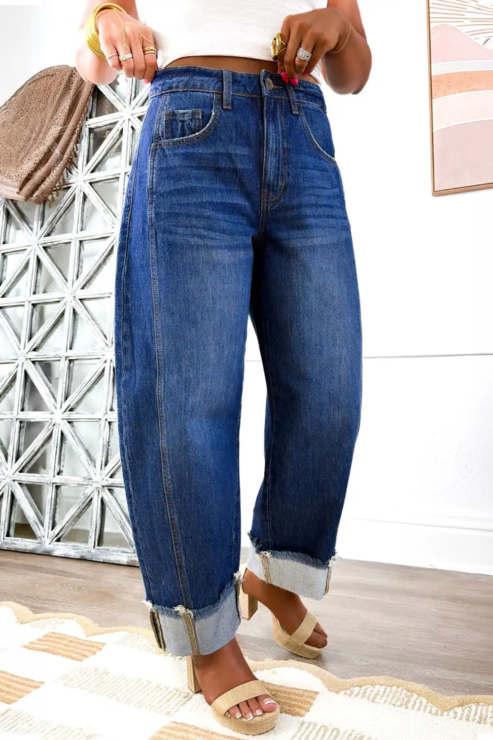 Women's Raw Hem Turnup Loose Ankle Length Jeans