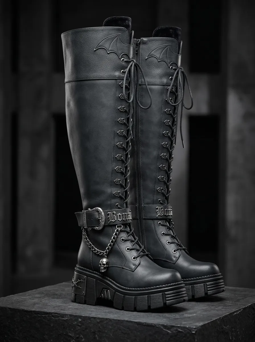 Modern Gothic Skull Bat Chain Alternative Look Women's Gothic Platform Boots