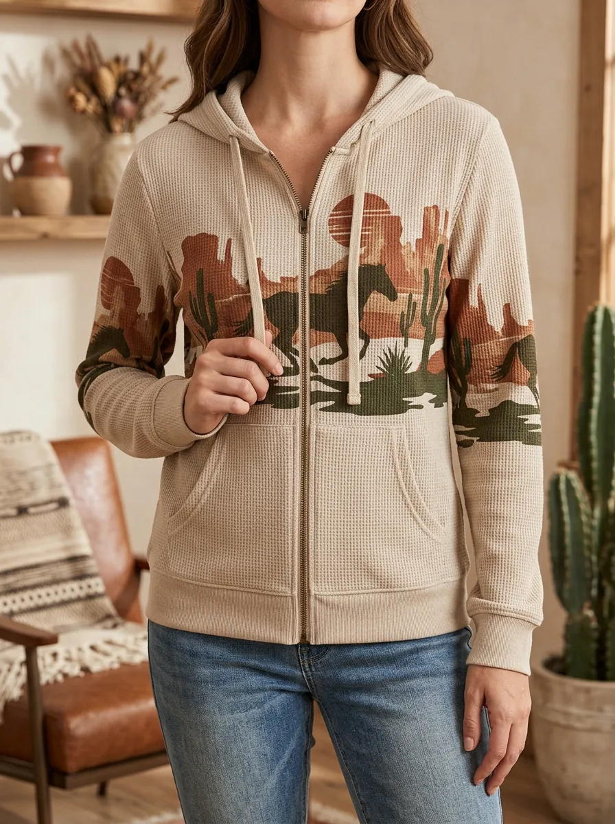 Women's Western Desert Horse Cactus Signature Pattern Waffle Zip-Up Hoodie