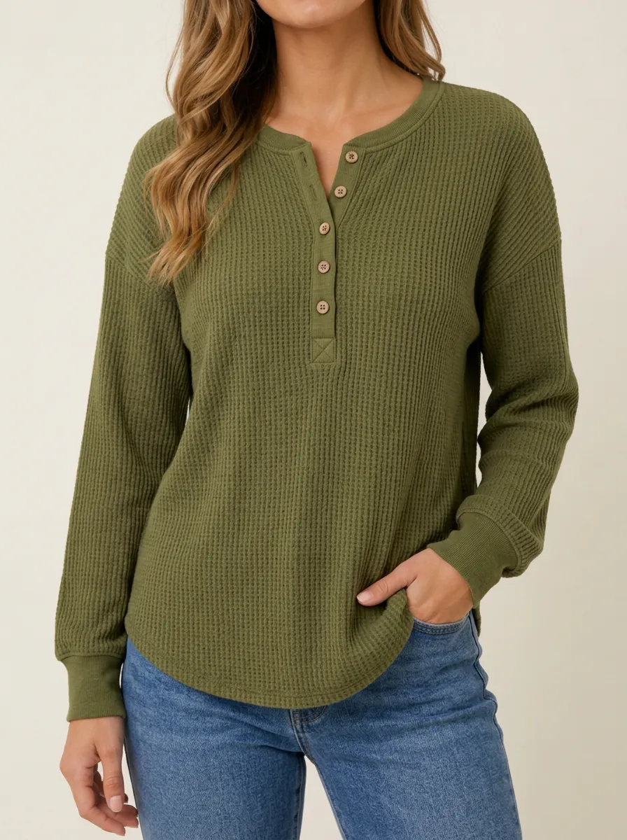 Modern Weekend Waffle Knit Button Down Henley Top