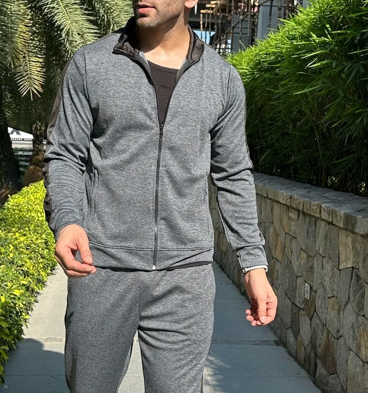 Dark Grey Zip-Up Tracksuit Set with Hoodie