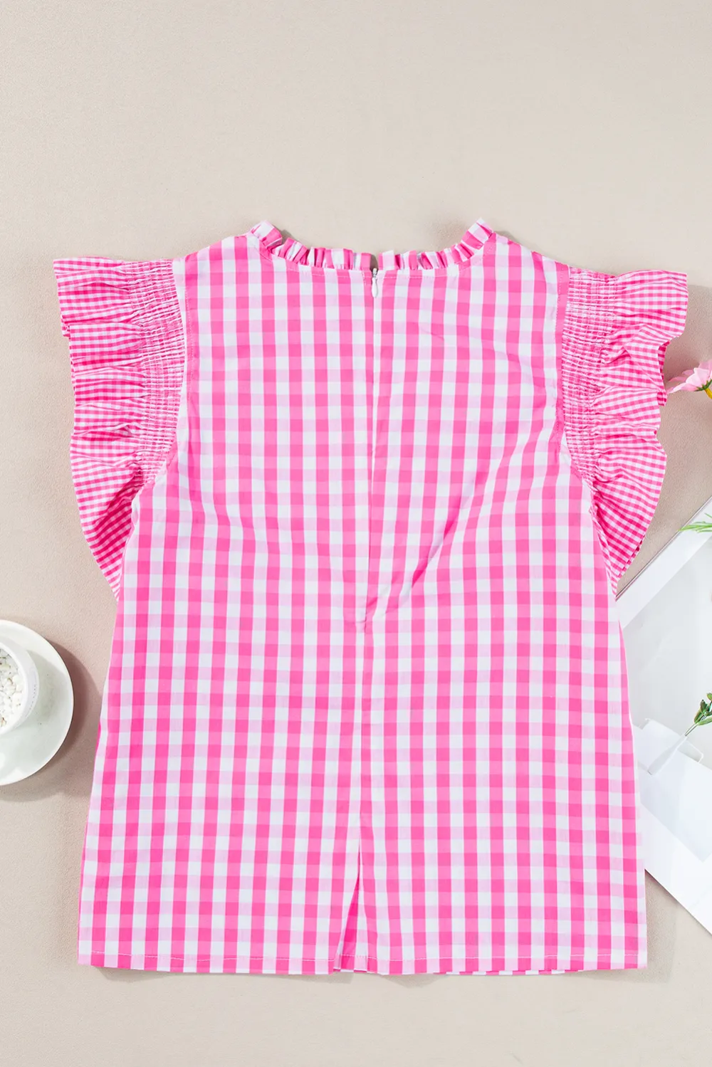 Rose Red Checkered Ruffled Sleeve Blouse