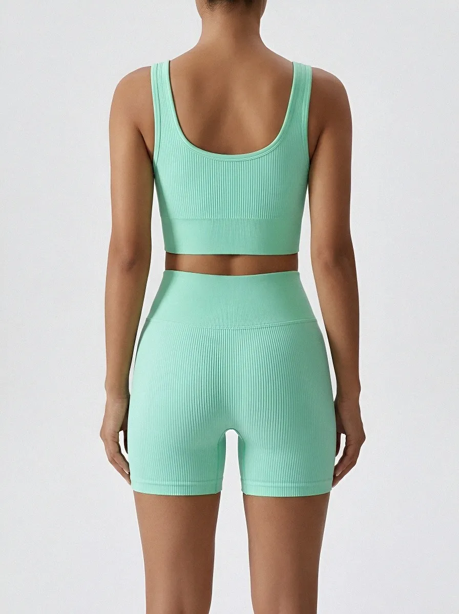 Streamlined Ribbed Texture Seamless Design Fit Women's Tank Top And Sports Shorts Set