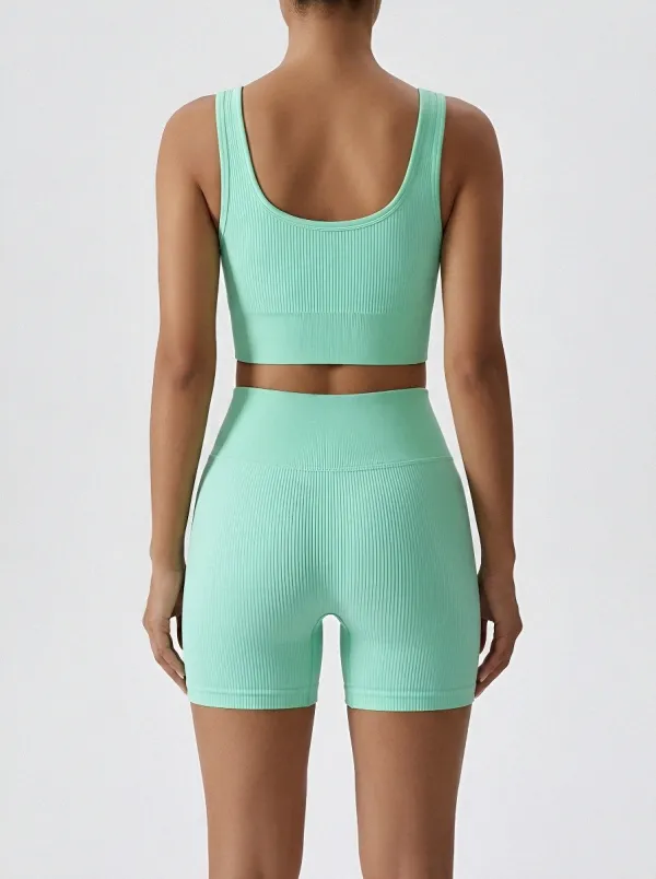 Streamlined Ribbed Texture Seamless Design Fit Women's Tank Top And Sports Shorts Set