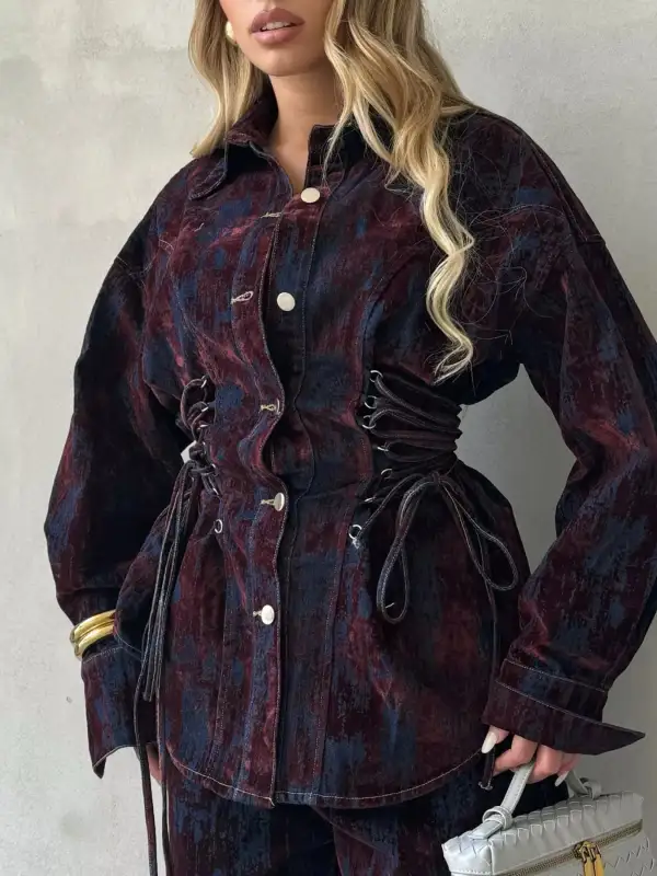 Button Lace Up Set Denim Pants