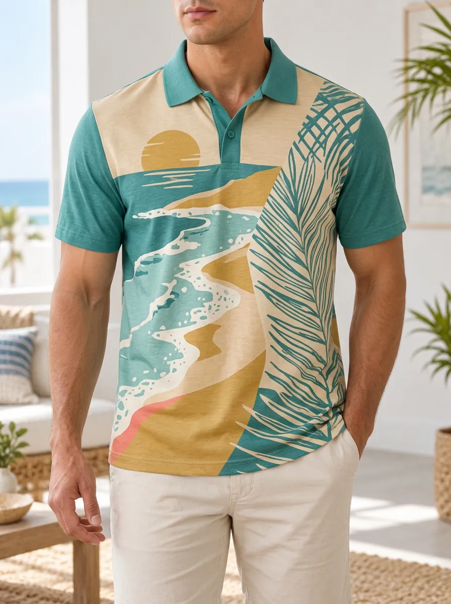 Men's Tropical Beach Sunset Palm Leaf Printed Polo Shirt