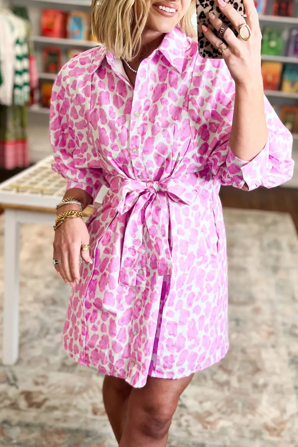Women's Leopard Print Printed Puff Sleeve Tie Waist Mini Dress