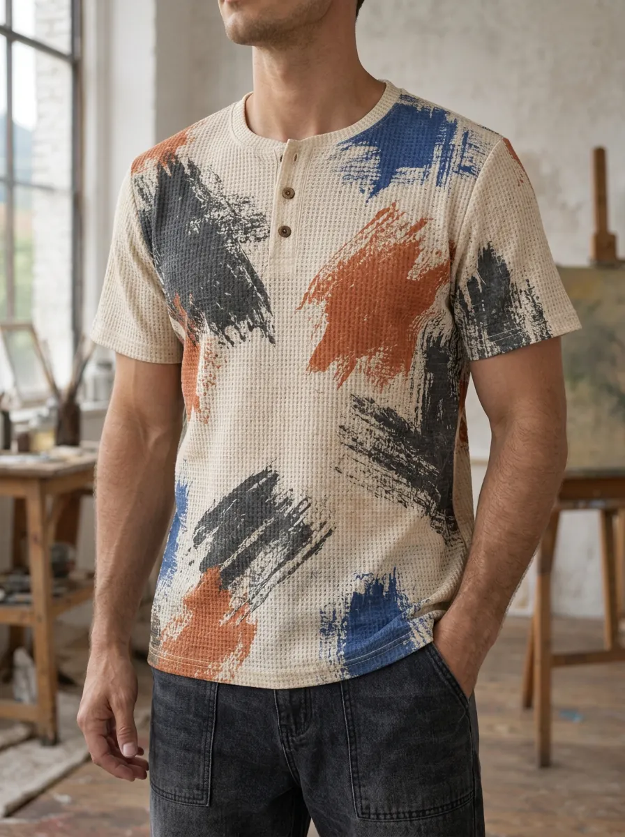 Men's Refined Abstract Brushstroke Waffle Knit Henley T-Shirt